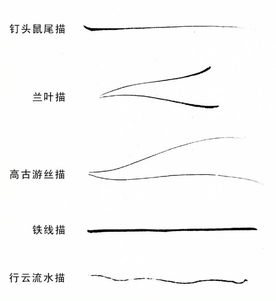 工笔画线稿描法和白描用线是一样的,常见的用线有5种,更加详细地用线