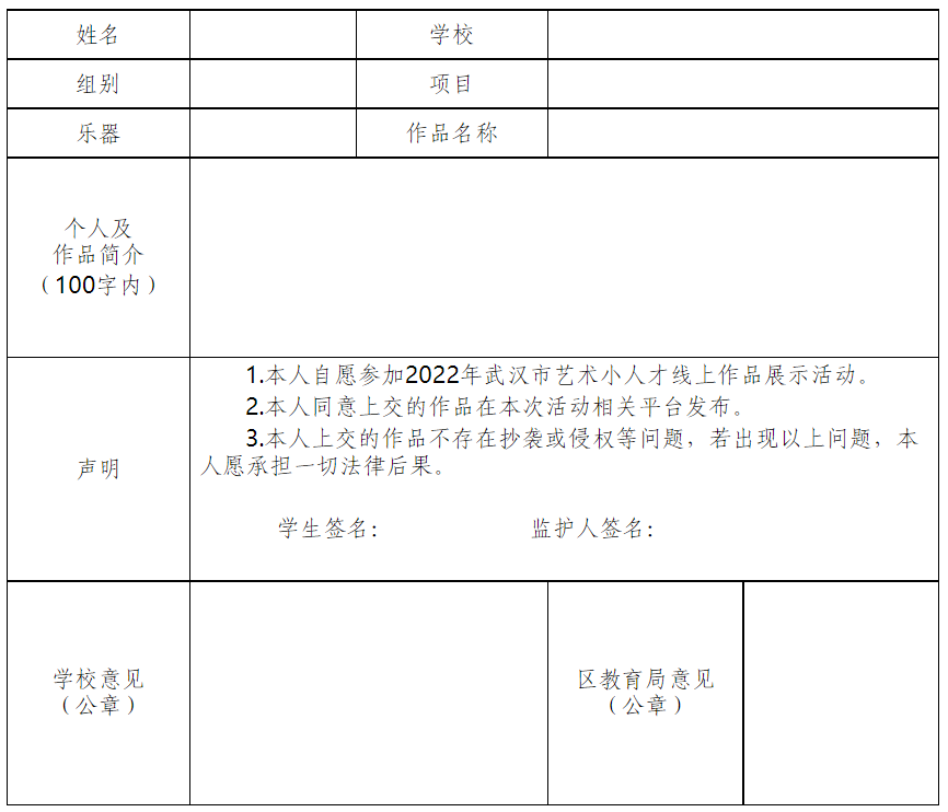 2022年武汉市中小学生优秀艺术小人才线上展示活动报名表(美术类)美术