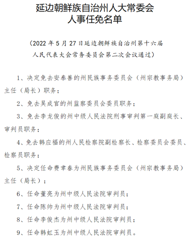 【新闻早餐※延边州人大常委会人事任免名单※今天我州有明显降雨