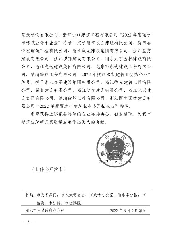 纳琦绿能工程有限公司,浙江瓯立园林建设有限公司丽水市建筑业市场