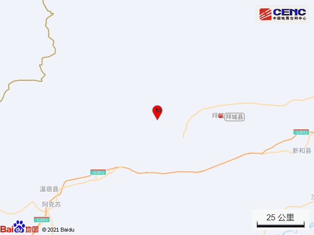 新疆阿克苏地区拜城县发生34级地震