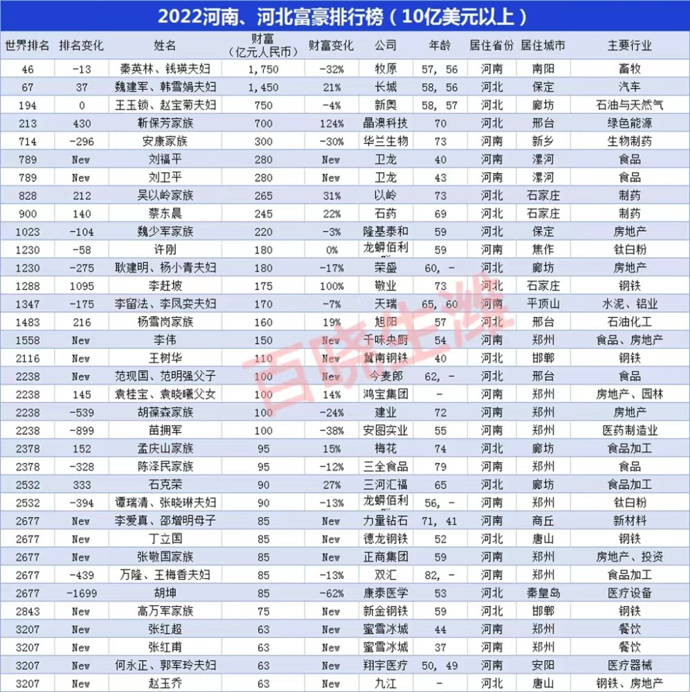 2022河南河北富豪排行榜第一名居然是他