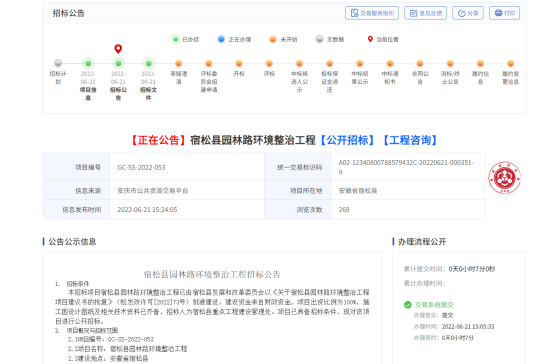 宿松县园林路环境整治工程施工挂网招标