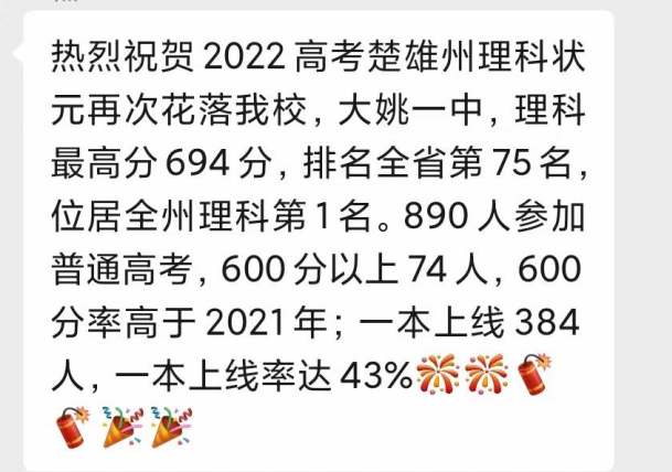 楚雄高考大姚一中东兴天人高考情况报告来了楚雄州理科第一名出自