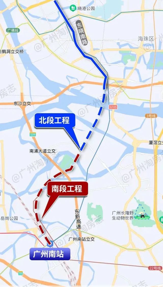 这条线路北接东晓南路高架,南连广州南站,纵跨海珠区和番禺区,全长约