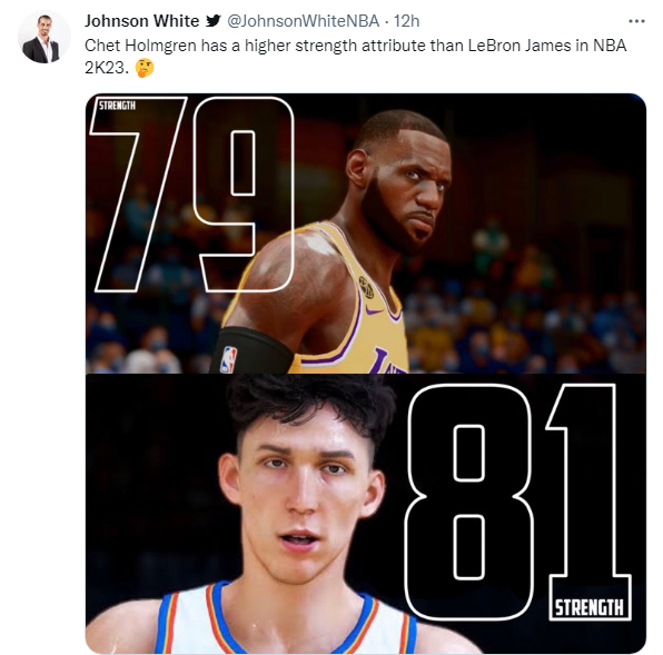 nba记者johnson晒出詹姆斯与榜眼秀霍姆格伦的照片,并配文:在nba2k中