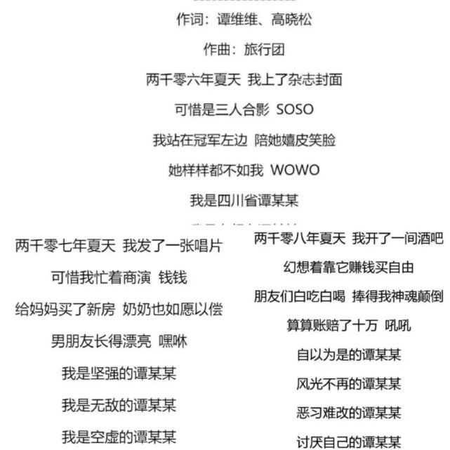 《谭某某》的歌词是高晓松写的,大致分为3段,主要讲述的是谭维维"从