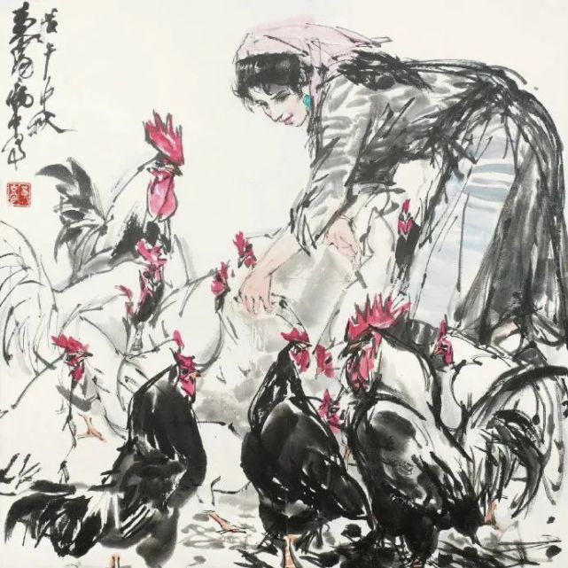 除了单纯以鸡为主题的画鸡作品之外,黄胄还画了大量的饲鸡图,画面的