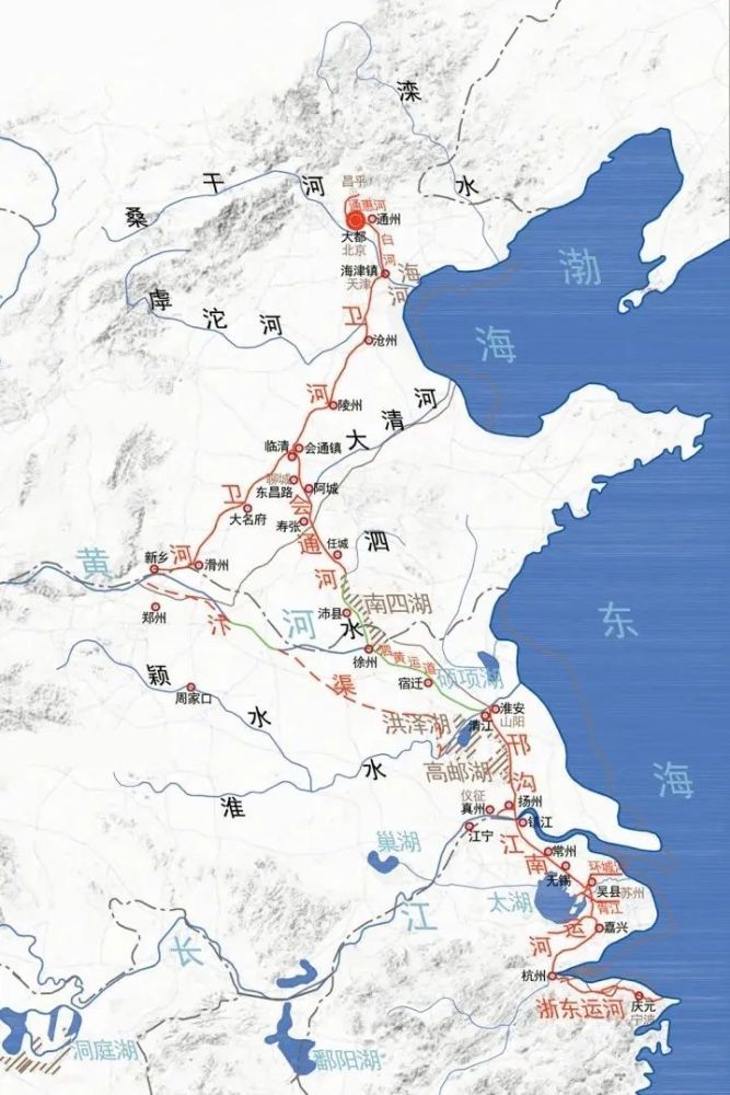 从版图中大公鸡的咽喉出发,大运河横跨了北京,天津,河北,山东,江苏