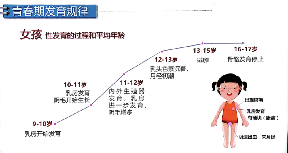 青春期开始的标志:女孩乳房发育10—11岁,男孩睾丸增大11—13岁.