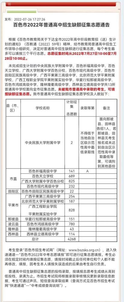 百色市2022年普通高中招生缺额征集志愿公告