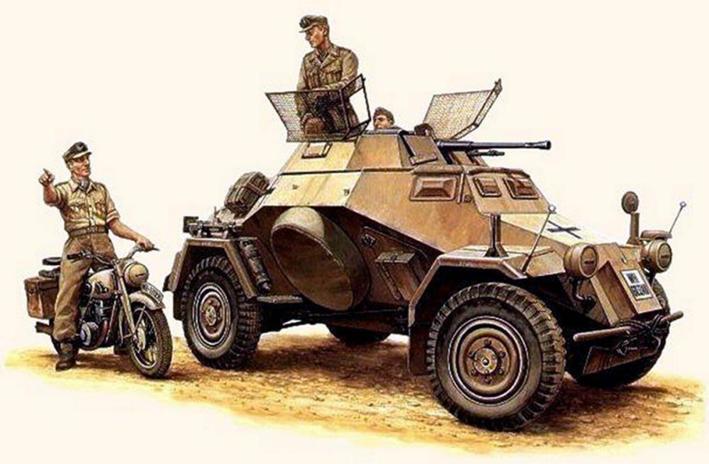 东线苏联战场,一德军摩托通讯兵赶至sdkfz 222型4轮装甲侦察车旁传达
