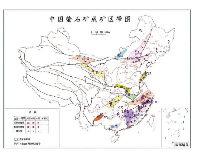 中国的萤石矿成矿带分布图(据王吉平,2015)全国27省市萤石查明资源量