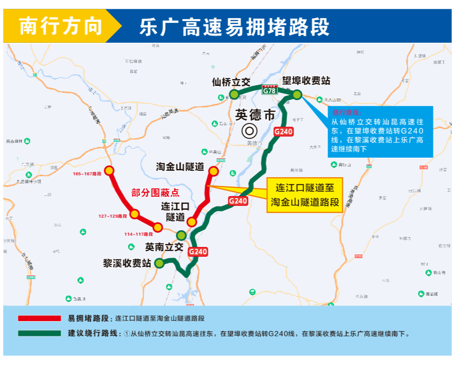 连江口隧道至淘金山隧道路段乐广高速易拥堵路段建议在黎埠收费站出口