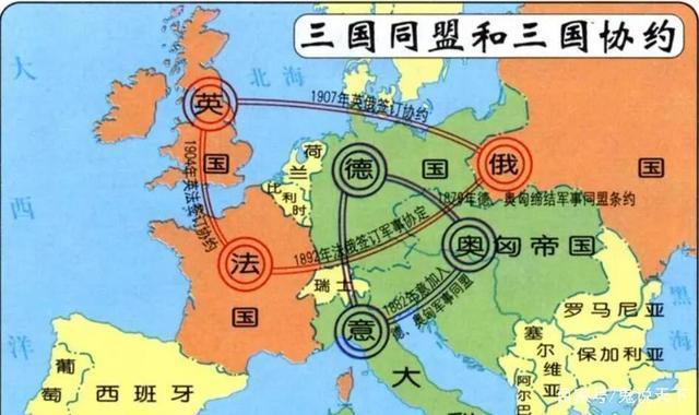 (英法俄三国同盟)一边是法国,俄国以及英国,三国的协约国,另一边则是