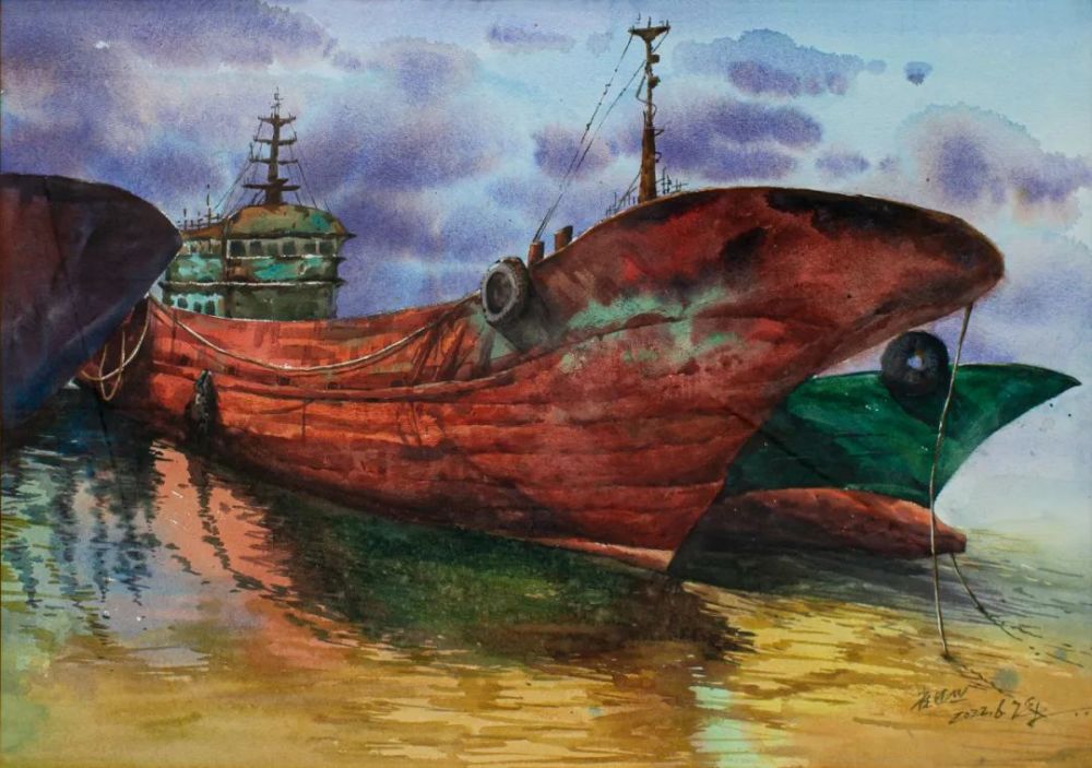 水彩画入选作品徐金磊《花》孙炳才《船景》聂仁帅《夏荷》薄波