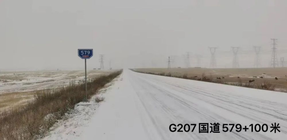 国道306线林西至西乌旗方向,634公里,天气小雪,路面轻微积雪.