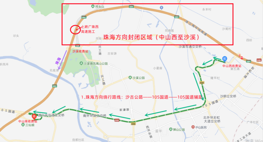 通过沙古公路,105国道,105国道辅路于中山南收费站上高速