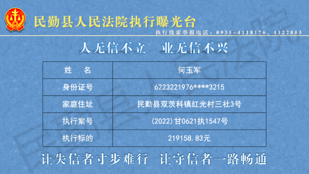 民勤县人民法院关于集中曝光失信被执行人名单的通告2022年第十九期