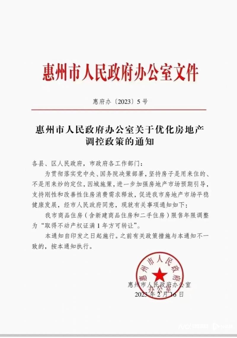 重磅：广东惠州二手房限售政策从拿证3年调整为1年