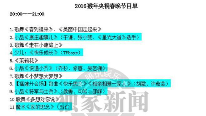(图) 春晚节目单首曝光  2016年猴年春晚看都有