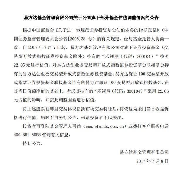 多家基金下调乐视网估值 最低看至三个跌停
