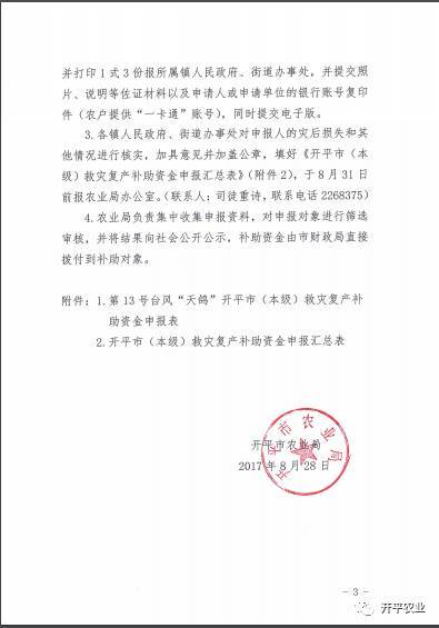 开平农民可申请天鸽台风救灾复产补助资金