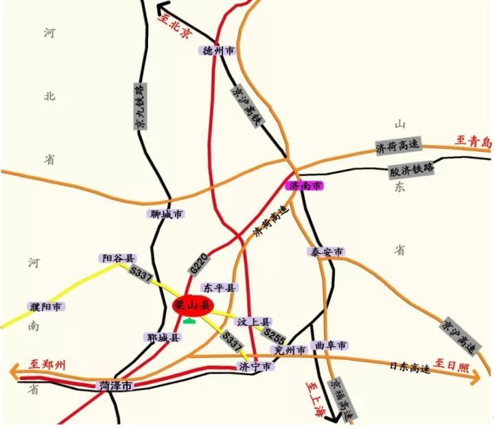 1,g3京福高速—g1511日东高速—济宁西(梁山)出口下,沿337省道约50