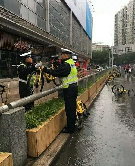 共享单车乱停乱放 郑州交警“兼职”单车搬运工