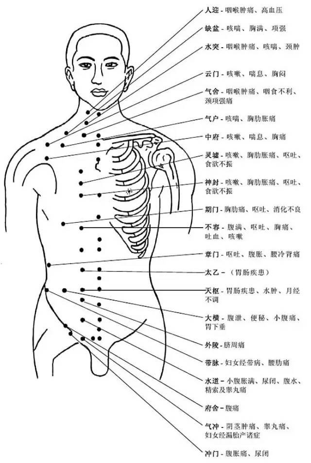 口诀为"三里内关穴,胸腹中妙决;曲池与合谷,头面病可彻;腰背痛相连