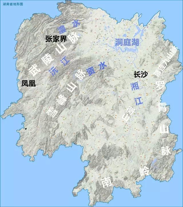 湖南省地形图,地图源自@地之图网站,星球研究所标注 湖南省的地貌轮廓