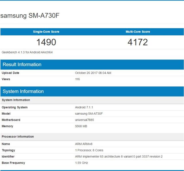 三星New A7跑分成績(jī)曝光 6寸全面屏+6GB內(nèi)存