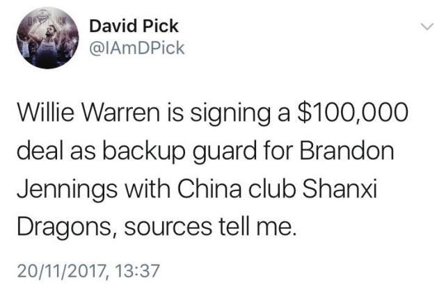 曝山西为詹宁斯寻备胎 10万美金签CBA69分先生