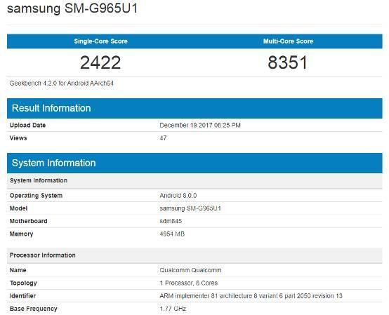 Galaxy S9+跑分数据曝光 多核单核成绩都让人