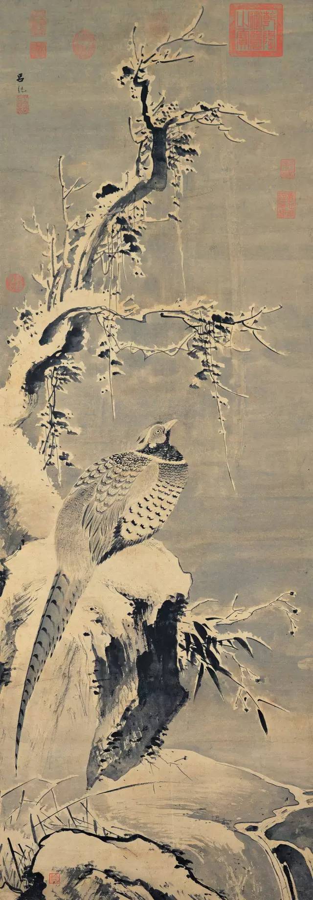 寒雪山鸡图 纸本墨画 135.3×47.2公分 台北故宫博物院藏