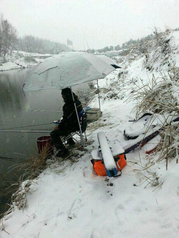 下雪天阻挡不了钓鱼人的脚步,为钓鱼人的精神点赞