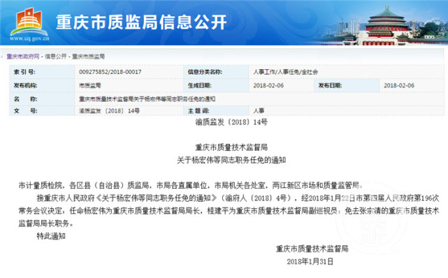 杨宏伟任重庆市质量技术监督局局长