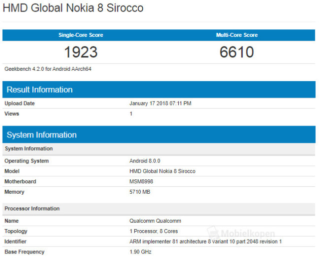 诺基亚8 Sirocco跑分成绩泄露 国行有望三月登场