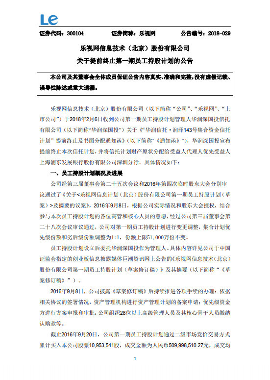 乐视网:提前终止第一期员工持股计划