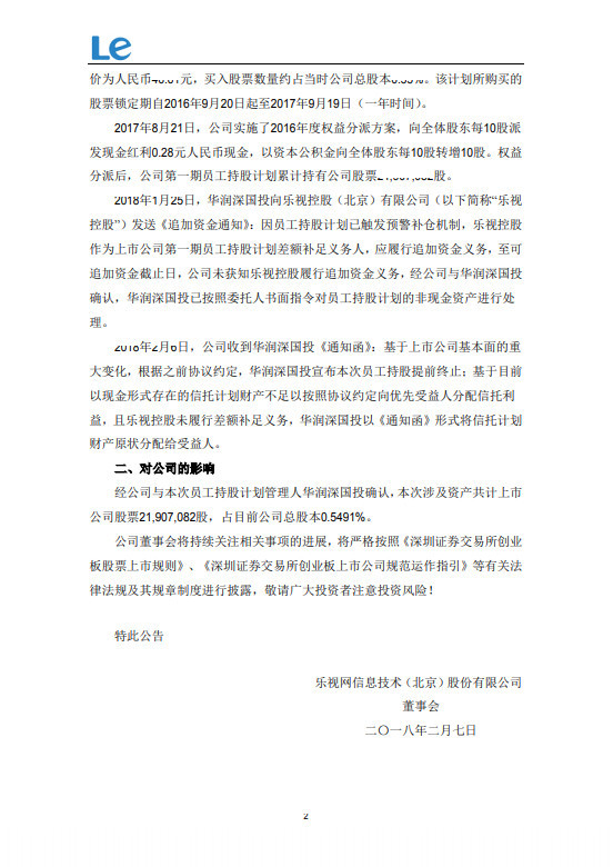 乐视网:提前终止第一期员工持股计划