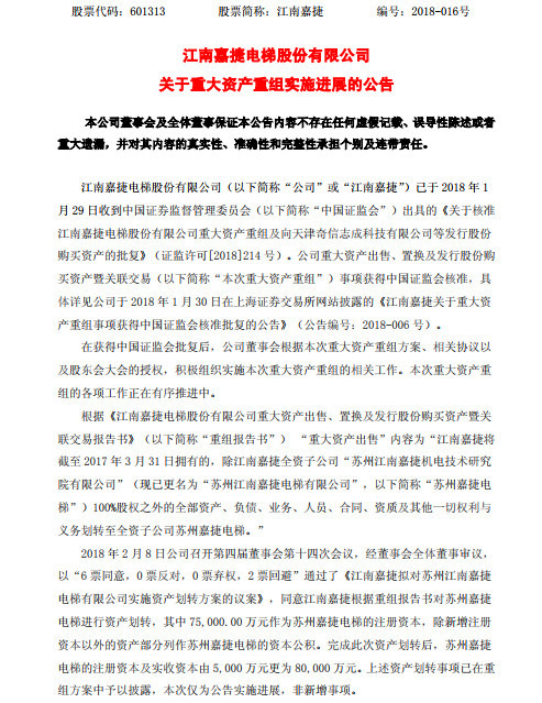 江南嘉捷:董事会同意对苏州嘉捷电梯进行资产