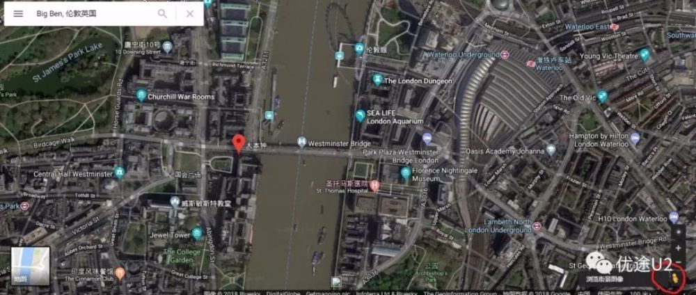 卫星地图,高清街景 4 首先,搜索你想去的地方,例如"london"--"big