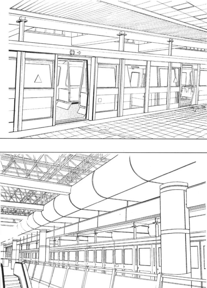 场景插画|地铁口车站商店线稿素材,漫画必备素材