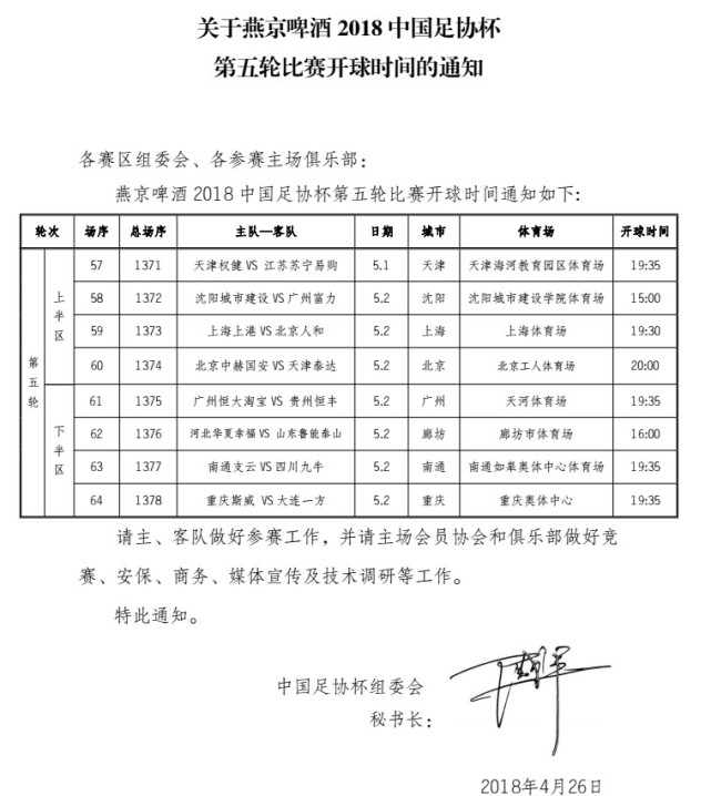 足协杯第5轮开球时间确定 权健苏宁五一开战