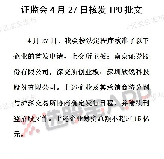 证监会核发南京证券、欣锐科技等2家企业IPO