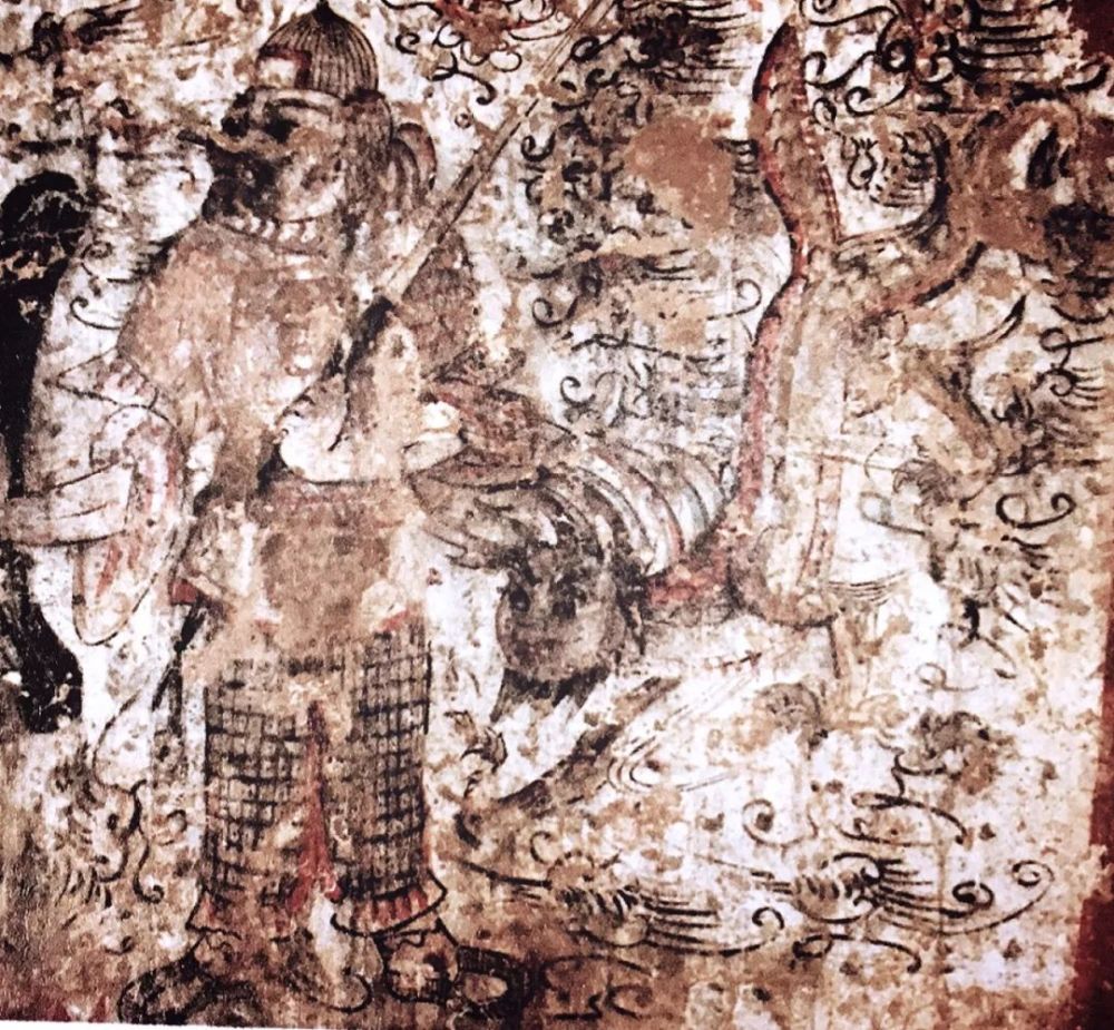 山西大同沙岭北魏壁画墓甬道南壁壁画人面兽身或兽首兽身图.