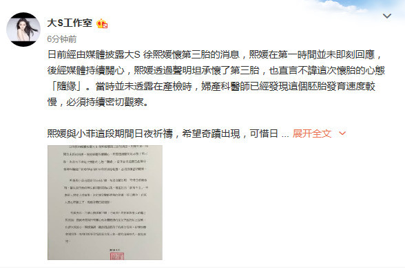 大S终止怀孕第三胎 胚胎发育不全，大S感慨要珍惜和家人在一起的时光