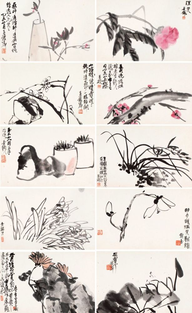 吴昌硕 花卉册  设色纸本 册页(十开)  乙未(1895)年作  22×34cm×10