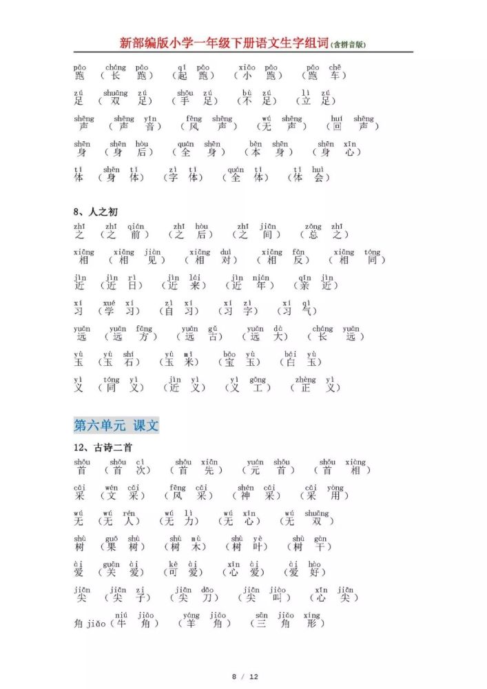 新部编版小学一年级下册语文生字组词(含拼音版,孩子必备!