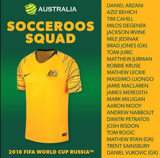 澳大利亚公布世界杯23人大名单:卡希尔领衔